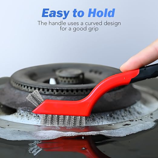 Wire Brush Set, 6 Pcs Brass/Stainless Steel/Nylon Wire Brushes | Red, 7" Total Length for Tight Spaces, For Cleaning with Curved Handle Grip for Rust Removal, Dirt, Paint Scrubbing