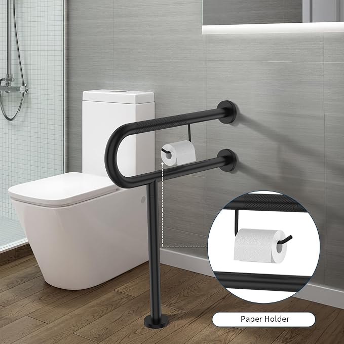 ZUEXT 24x28 Inch Matte Black Toilet Support Rail w/Toilet Paper Holder | Wall to Floor, Anti-slip Handicap Grab Bar, Stainless Steel Bathroom Safety Handrails with Leg, For Elderly Disabled Pregnant