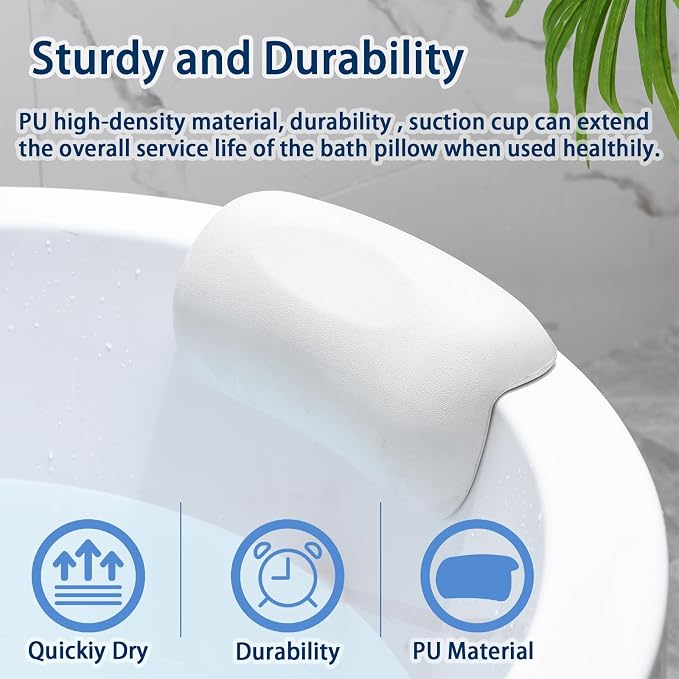 Bath Pillow Bathtub Pillow, Bath Pillows for Tub Head and Neck Support, Waterproof Bath Tub Pillows with Strong Non-Slip Suction Cups, Relaxing Bath Accessories for Soaking, Spa White