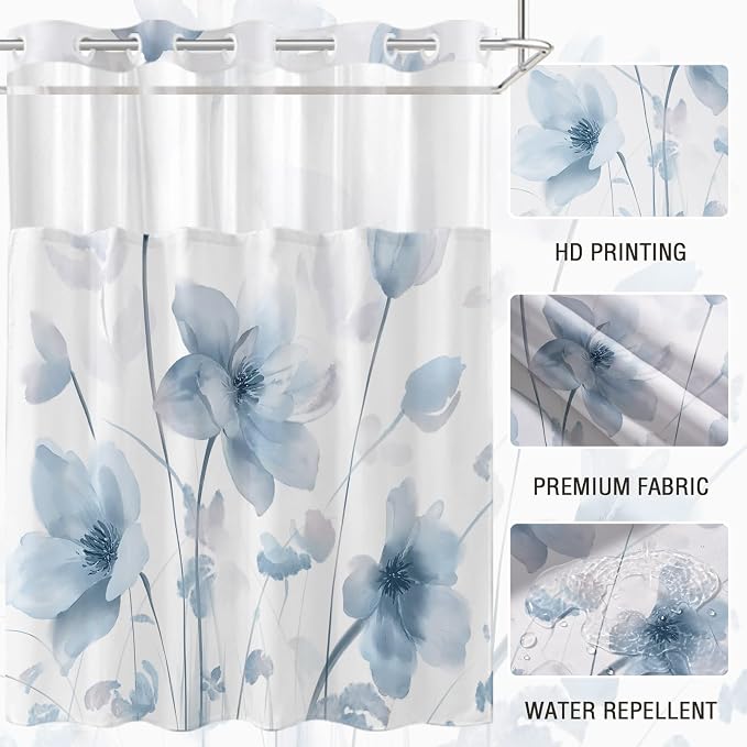 No Hook Shower Curtain and Liner Set, Blue Boho Floral 71x74 | Watercolor Boho Flower, with Snap in Liner, Waterproof, Machine Washable, Quick-Drying, for Hotel Bathroom