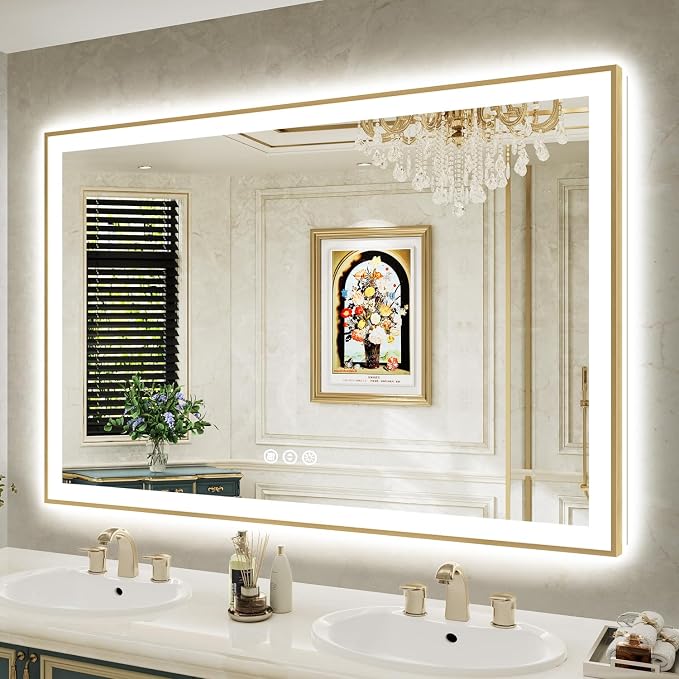60x40 LED Bathroom Mirror with Lights, Gold Framed Lighted Mirror | Backlit and Front light, Anti-Fog, 3 Color Dimmable, Memory, Tempered Glass, IP54 Waterproof, UL Listed