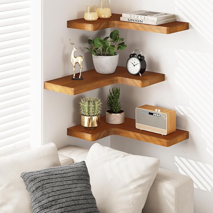 Fixwal Corner Floating Shelves for Wall Mounted Natural Solid Wood 16"x11.4" Farmhouse Home Decor Display Shelving Set of 3 (Rustic Brown)