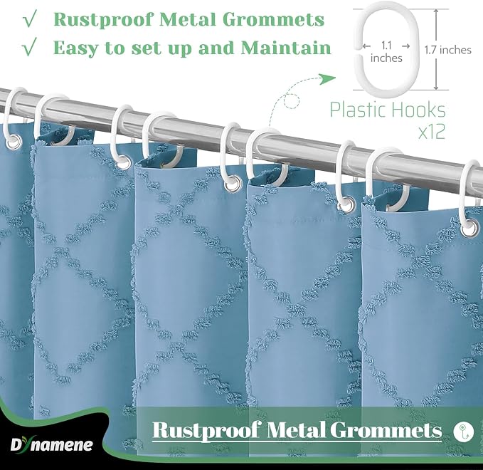Long Boho Shower Curtain Tufted Geometric 72"x78" Moonlight Blue | 78 Inch Tall, Elegant Tassel, Lightweight Textured Fabric, Water Repellent, Washable, Hotel Spa, for Bathroom/Dorm 12 Hooks