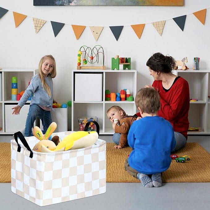 MAIZMZ Beige Check Storage Basket Baby Toys Organizer Bins Decorative Gifts Bakset Waterproof Nursery Hamper Women Storage Cube Kids Laundry Basket for Home/Dorm/Kitchen/Pet/Office/Closet/Shelf/