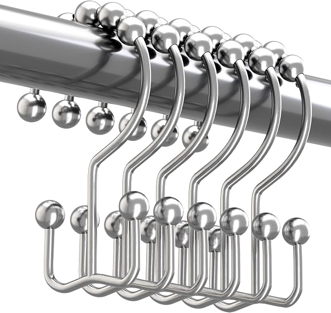 Titanker Double Shower Curtain Hooks, Rust Proof Shower Curtain Rings, Metal Shower Hooks for Bathroom Shower Rods Curtains, Set of 12 Hooks - Chrome