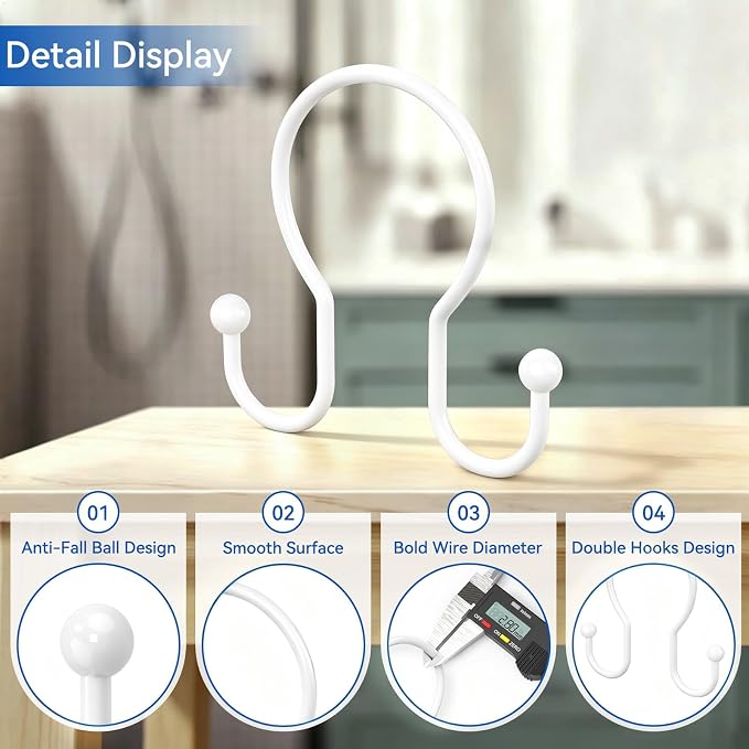 OEH Shower Curtain Hooks, 12 Pcs Minimalist Shower Curtain Rings, Metal Shower Curtain Hangers, Double Hook Shower Curtain Hooks Rust Proof, Glide Smoothly Shower Hooks for Shower Curtain Rod, White