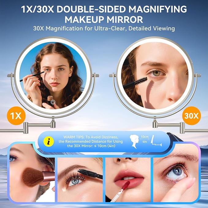 Auxmir 9″ 5000mAh 1X/30X Wall Mounted Lighted Magnifying Makeup Mirror | Power Adapter&2 Tweezers Included/ 3 Dimmable Colors/ Dual Sided Button Control/ Rechargeable/ 360° Rotation Extended Arm