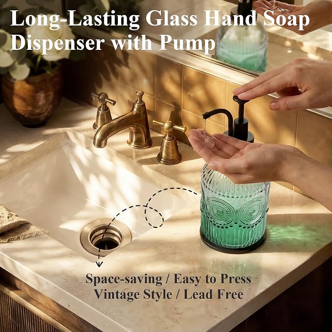 Amolliar 12 Oz Glass Soap Dispenser with Plastic Pump,Green-Gradient,2 Pack | Antique Rustic Hand Liquid Bottle for Bathroom/Kitchen, Vintage/Farmhouse/Boho Style, Pump Dispenser, Refillable