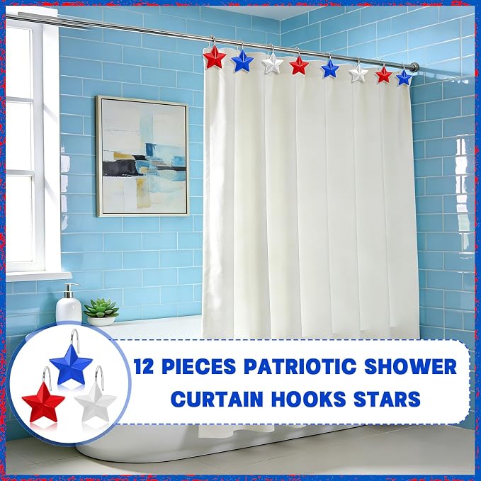 12 Pack Star Shower Curtain Hooks Patriotic Red White Blue Hangers | Resin and Rustproof Stainless Steel, Glide Smoothly Without Scratching Rods, Glitter Star Patriotic Festive Decor