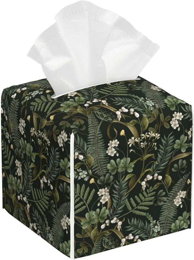 Tissue Box Cover Leather Tissue Box Holder Cube Tissue Case Cover Facial Paper Organizer Dispenser for Bathroom, Vanity Countertop, Office Desk (White Flowers and Berries)