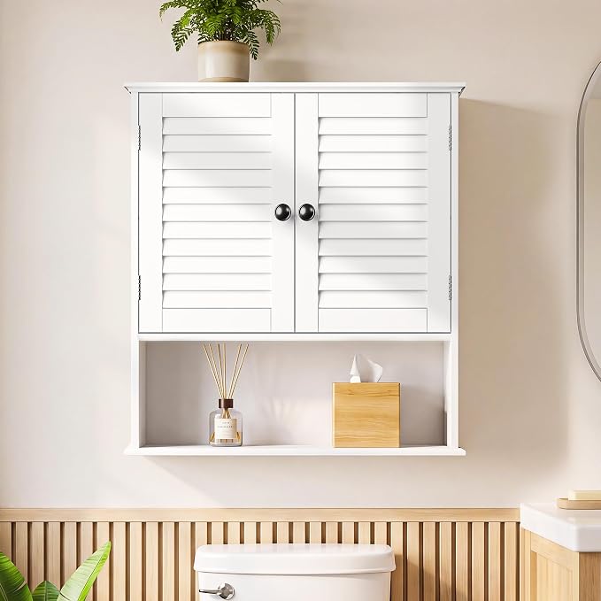 Bathroom Wall Cabinet with Adjustable Shelf, White 25" x 24" Medicine Cabinet with Louvered Doors, Over Toilet Storage Cabinet, Wall Mounted Bathroom Organizer for Bathroom, Laundry Room