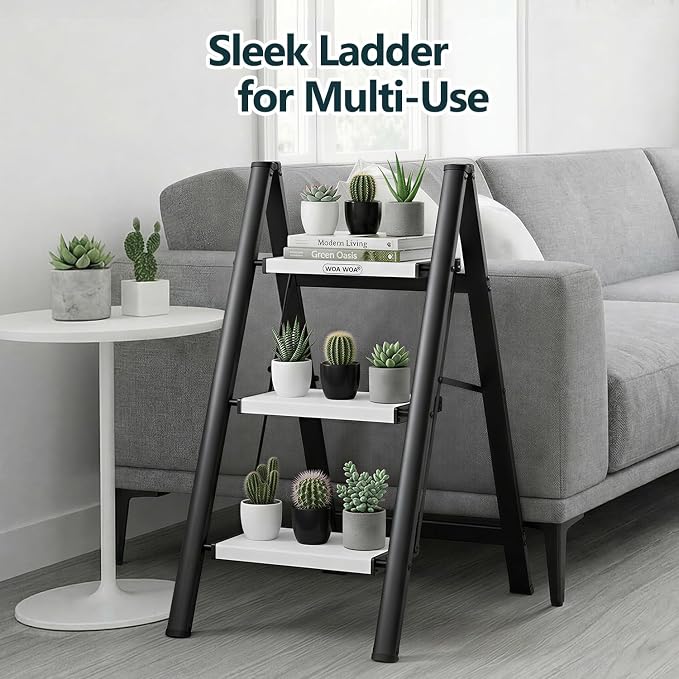 3 Step Foldable Step Stool, 300lbs Load, Black & White | Folded 35''H x 3''T; Net 9.9 lbs; Non-Slip Feet: Wood/Tile/Carpet; Rigid Aluminum Steps; No Assembly; Ready From Box.
