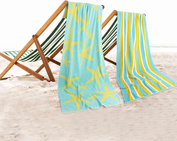 CASA COPENHAGEN Miami Towel 2Pcs Starfish Cyan - Teal Stripe Designer Stripe Beach Towels Gift Set 30"x60" Oversized 100% Cotton Pool Bath Towel for Beach Gift Set (Summer Gift Set for Women & Men)