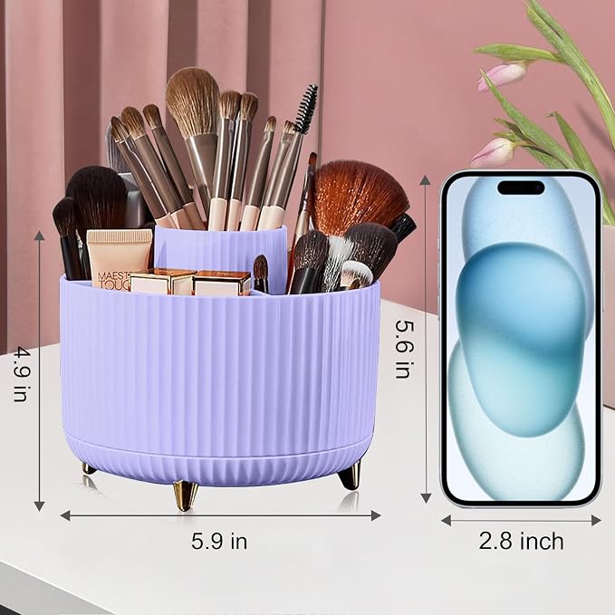 Makeup Brush Holder Organizer,360° Rotating Makeup Brush Organizer,5 Slot Make up Brushes Cup for Cosmetics, Nail Polish, Art Supply, Bathroom Vanity Desktop Organizer - Purple