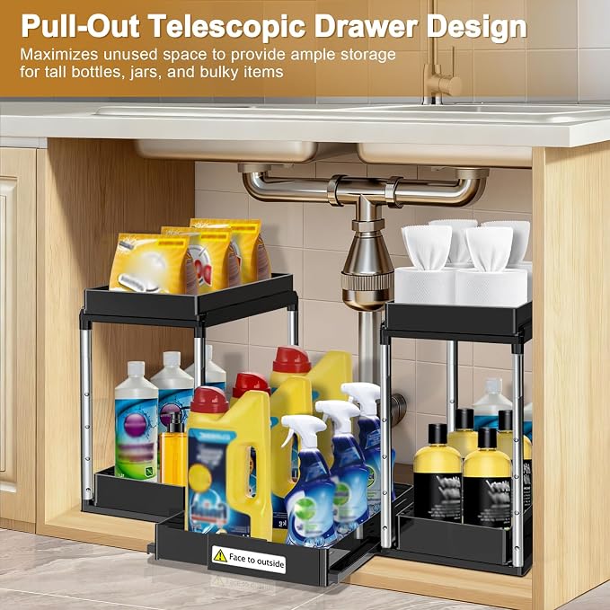 NIUXX Expandable Under Sink Organizer: 2 Tier Height Adjustable | Under Cabinet Organizer - Double Pull Out Shelf Under Sink Storage for Kitchen - Bathroom and Laundry Room - Space Saving