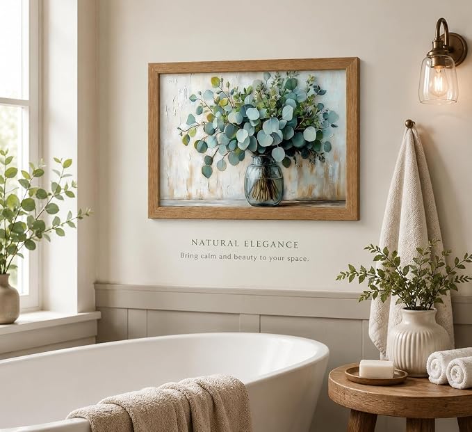 Wood Framed Rustic Eucalyptus Wall Art Sage Green in Glass Plants Vase Canvas Painting Picture Wall Decor Farmhouse Neutral Poster Print Artwork for Living Room, Bedroom, Bathroom Home Decoration