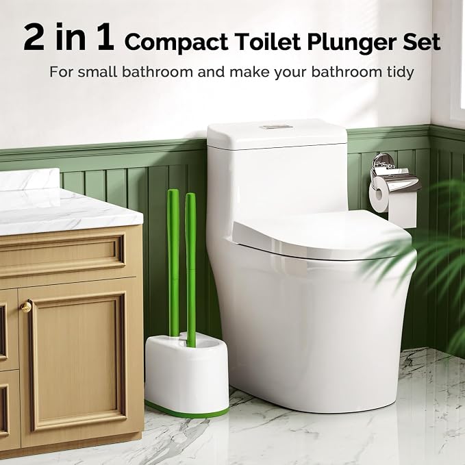 HAMITOR Toilet Plunger Bowl Brush Combo：Heavy Duty Rubber for Drain Clog | Curved Design Bristles for Deep Cleaning Under Rim - Compact Bathroom Cleaning Tools for New Homet Essentials, Green