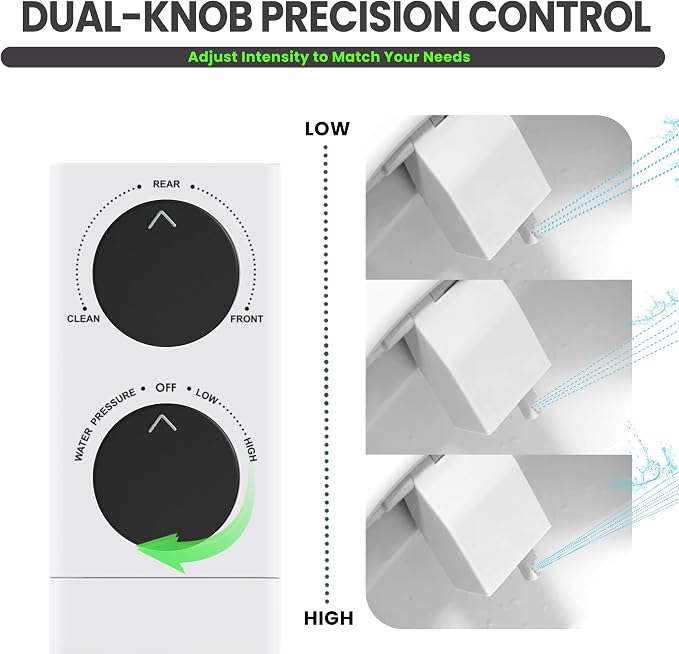 Toilet Bidet With Left/Right Side Reversible Design, Fresh Water, Non-Electric, Toilet Bidet Attachment, Right/Left Hand Side with Dual Nozzle, Self-Clean, Easy to Install (Black Knob)
