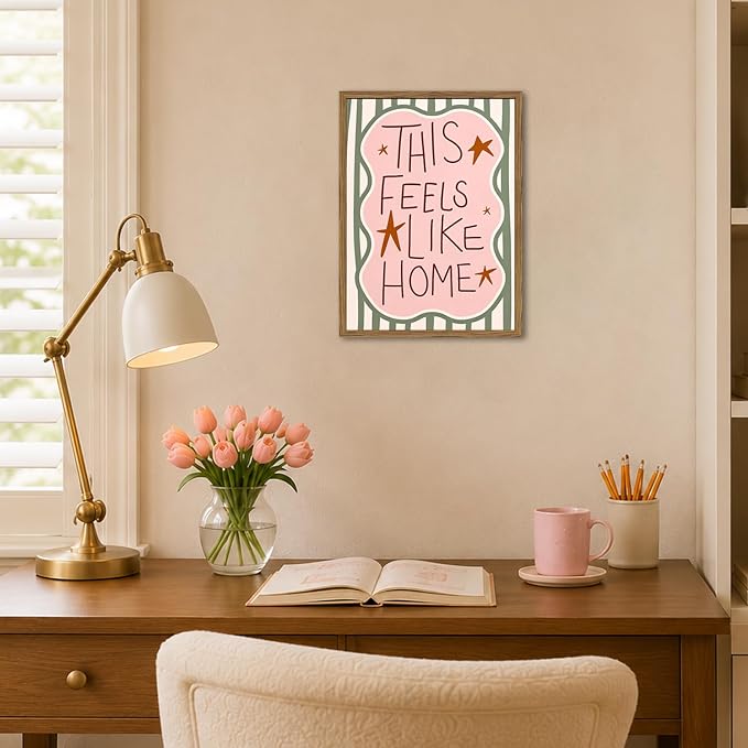 Funny Inspirational Quote Sign Wall Art This Feels Like Home Quotations Wall Decor Picture Cute Coquette Striped Poster Canvas Prints for Living Room Bedroom Dorm 24x16 Inch Wood Framed