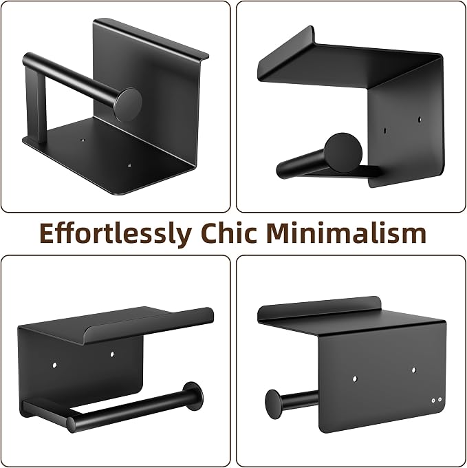 Adhesive Toilet Paper Holder with Phone Shelf, Wall Mounted Toilet Paper Roll Holder, Rustproof Bathroom Tissue Roll Holder with Shelf, Sticky Toilet Paper Roll Holder- Matte Black… | Two Installation Ways:Self Adhesive or Wall Mount, Stick On Toilet P...