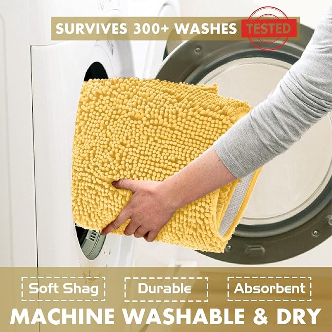 LuxUrux U-Shaped Toilet Bath Mat – Absorbent & Non-Slip Contoured Rug for Toilet Base, Plush Chenille, Machine Washable (20 x 20 inch, Yellow)
