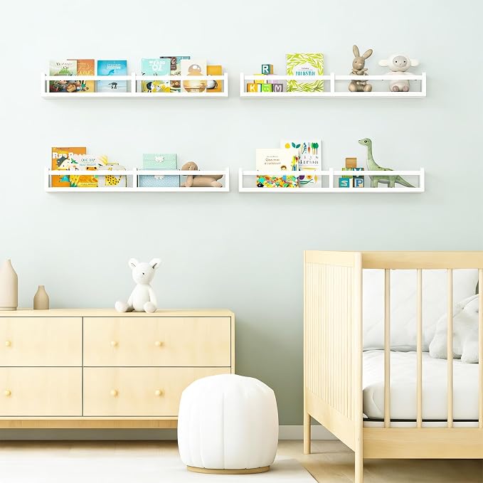 Fixwal Floating Nursery Book Shelves for Wall, 32in, Set of 4, White | Solid wood shelves store kids' books, toys and clothing. Fits kids' room, playroom, nursery, living room, bedroom & bathroom.