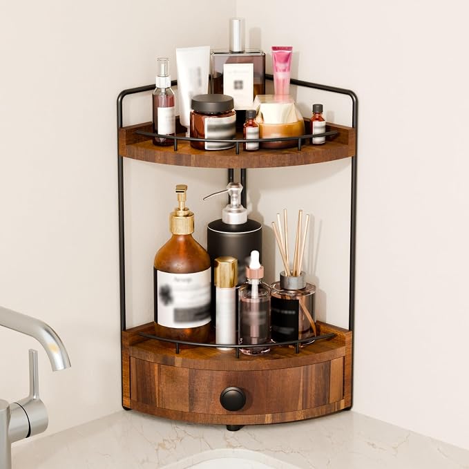 2-Tier Corner Bathroom Countertop Organizer with Drawer | Embedded Screw Holes, Space-Saving, Solid Wood Counter Shelf for Makeup & Skincare Storage, Acacia wood-Brown
