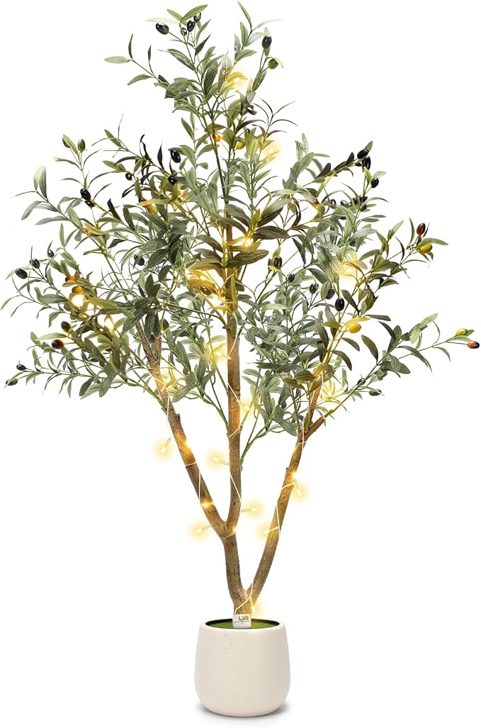 5FT Artificial Olive Tree with Lights & Planter, Realistic Faux Olive Plant | Realistic Silk Olive Tree For Apartments & Home Office Decor, With Lifelike Fruits, Warm Lights, Planter & Space Design