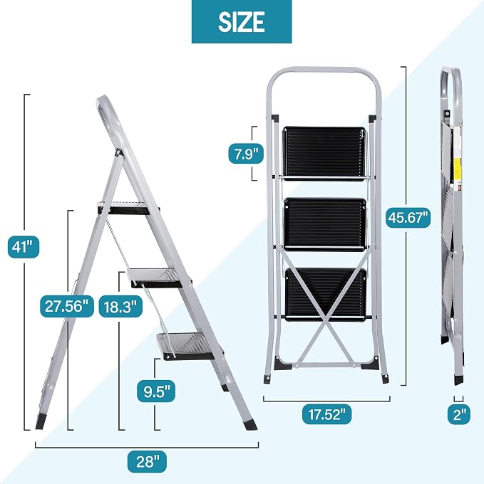 ZENY 3 Step Ladder Folding Step Stool with Wide Anti-Slip Pedal, Convenient Handgrip, Portable Steel Step Stool, 300 lbs Sturdy Steel Ladder for Household and Office