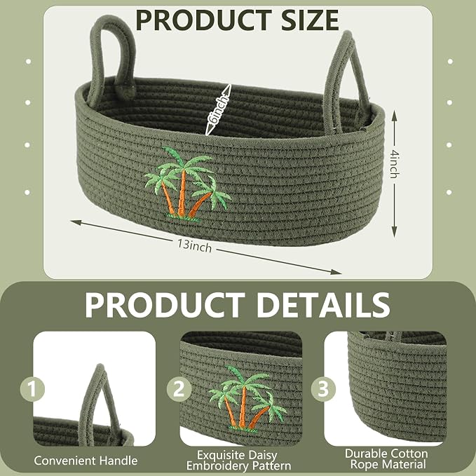 Vesici Coconut Palm Tree Woven Storage Basket Tropical Bathroom Decor | Cotton Rope Organizer for Toilet Paper, Bathroom Countertop Organizer Storage with Handle, Green Palm Decor, 13x6x4 Inch