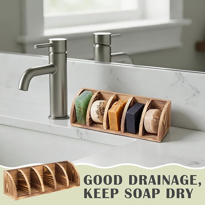 Wooden Shampoo Bar Holder Multi Bar Soap Dish with Self Draining, 5 Slot, Natural Soap Holder for Shower Conditioner Bathroom Organizer, Keep Dry and Neat, 10.24 x 3.35 x 3.15 inch