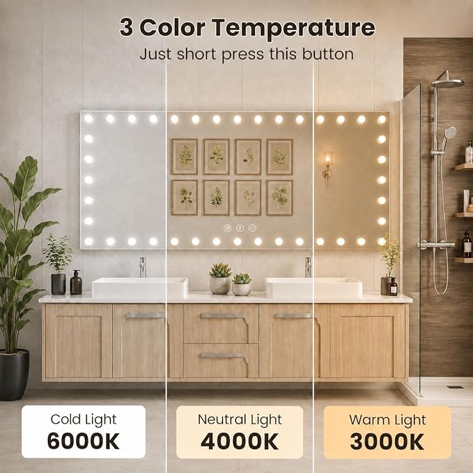WTTY 96"x36" Hollywood Vanity Mirror with Lights | Wall Mounted Makeup Mirror, 3 Color Temperatures, Stepless Dimmable Bulbs, Anti-fog, Tempered Glass, Shadow-free