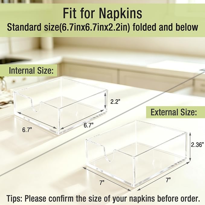 Bryantye Acrylic Napkin Holders, 7x7x2.36 Inch, Square, Transparent | Bathroom Napkin Tray, Napkin Dispenser for Kitchen, Tabletop,Guest Towel Tray for Paper Napkins & Hand Towel