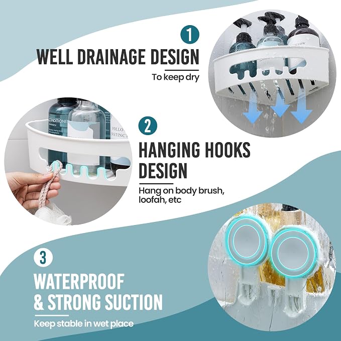 TAILI Corner Shower Caddy with Suction Cups, Wall Mounted Organizer Plastic Rack for Small Bathrooms, Kitchen, Removable Drill-Free Heavy Duty Shelf Basket, White | Plastic Rack, Small Bathroom Caddy, Removable, Drill-Free ,Heavy Duty Shower Basket