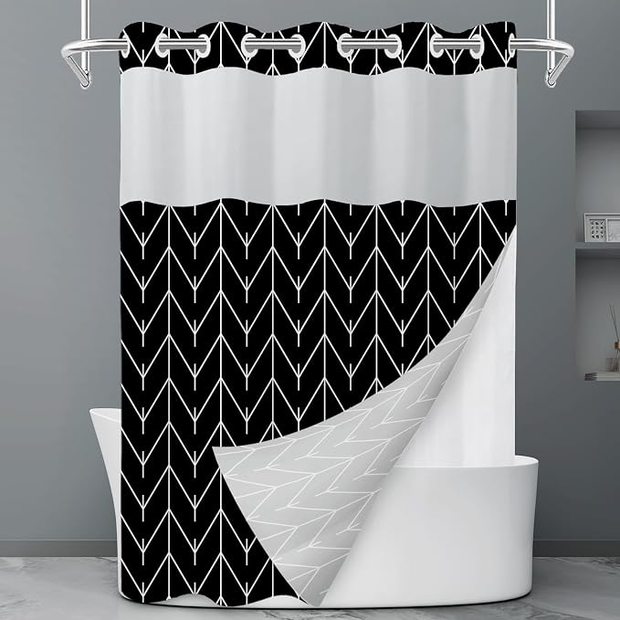 Black White Herringbone No Hook Shower Curtain with Liner, 71 x 74 | Stripe Pattern,Waterproof,Quick Dry,Mesh Top Window,Bottom Magnets,Hotel Style,Machine Washable,Modern,for Bathroom