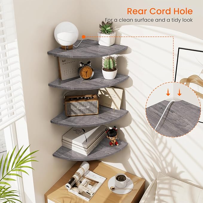 Corner Floating Shelves, Round Corner Shelf Wall Mount Set of 4 | Cord Hole, 12 Inch Wood Curved Corner Hanging Shelf for Cable Box, Speaker, TV Cords, Books, Plants, Rustic Grey