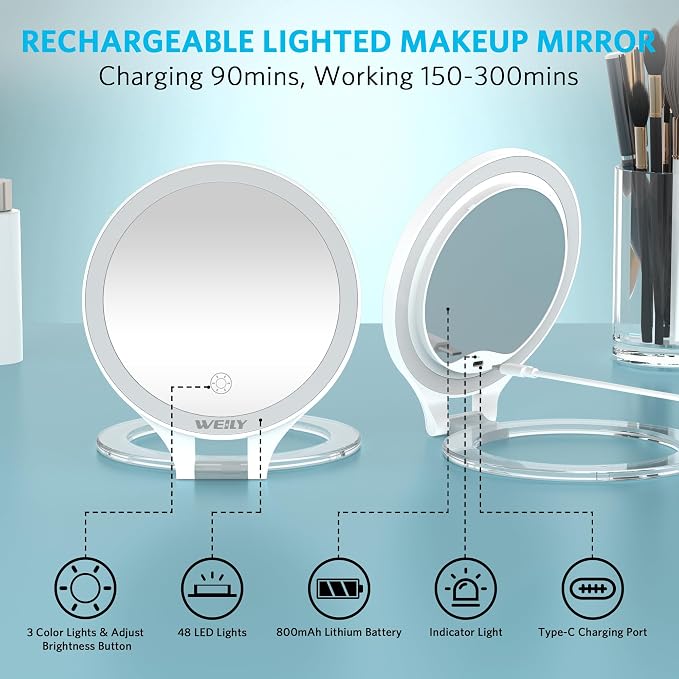 WEILY Magnifying Makeup Mirror 10X/1X, Travel Mirror with Light | Double Sided Rechargeable Mirror with 3 Color Lights for Makeup, Tweezing, Blackhead and Come Done Removal (White)