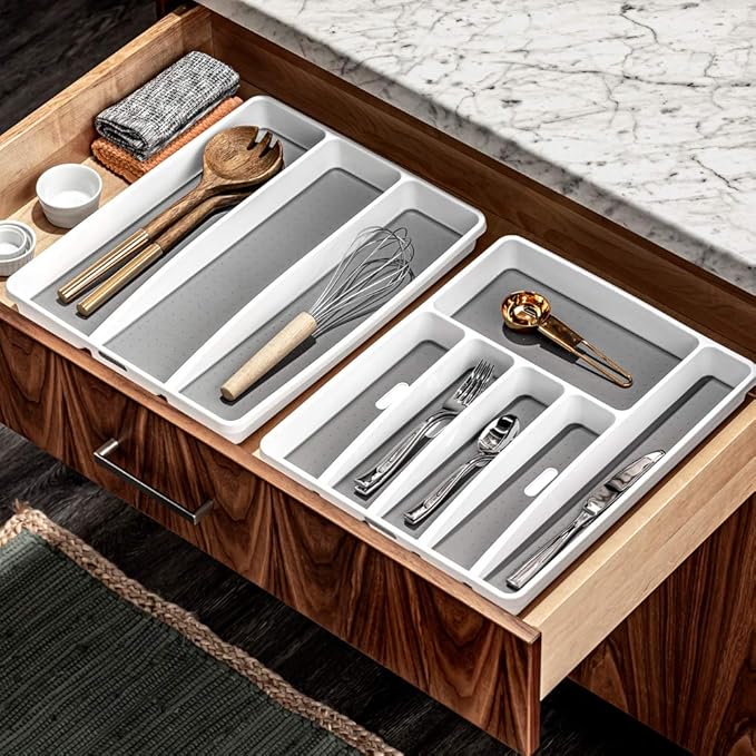madesmart Classic 3 Compartment Utensil Tray, White | non slip feet, rounded corners, soft grip lining, wide channels, spatulas whisks tongs, ladles serving spoons, woman owned
