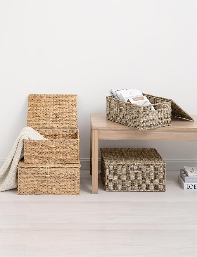 StorageWorks Wicker Basket with Lid, Baskets for Shelves, Seagrass | Woven Baskets with Lids for Shelves, Wicker Storage Baskets with Lids, Decorative Box, Lidded Baskets for Organizing, 1 Pack