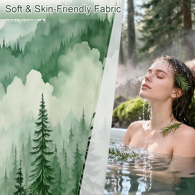 Litabel Green Misty Pine Forest Shower Curtain, Mountain Foggy Woodland Scenery Tree Shower Curtains for Chic Rustic Bathroom, Abstract Modern Waterproof Nature-Themed Decor, 72x72 Inches