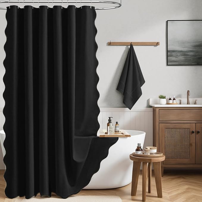 54x78 Boho Scalloped Linen Textured Cloth Shower Curtain Set, Black | Narrow Long Size, 230GSM Waterproof Polyester, Heavy Duty Fabric, 10 Plastic Hooks, Elegant Farmhouse Style, Machine Washable