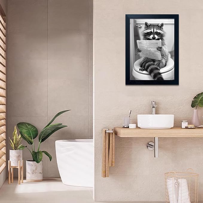 Raccoon Bathroom Wall Art Decor Black and White Funny Animal Wall Decor Cute Raccoon on Toilet Canvas Picture Farmhouse Prints Painting Framed Kids Room Decoration