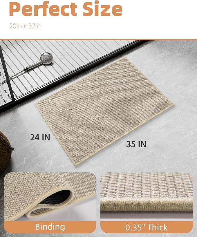 PADOOR Non-Slip Bath-Mats, Rubber-Backing Braided Absorbent Bathroom Mat Machine Washable Thin Bathroom Rugs Fit Under Door Quick Dry Bath Rugs for Floor, 24''x35'' Light Beige