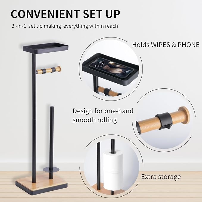 Clasin Home Toilet Paper Holder Stand, Free Standing Toilet Paper Holder with Storage and Top Shelf, Black Toilet Paper Stand Weighted Base with Bamboo Design for Bathroom