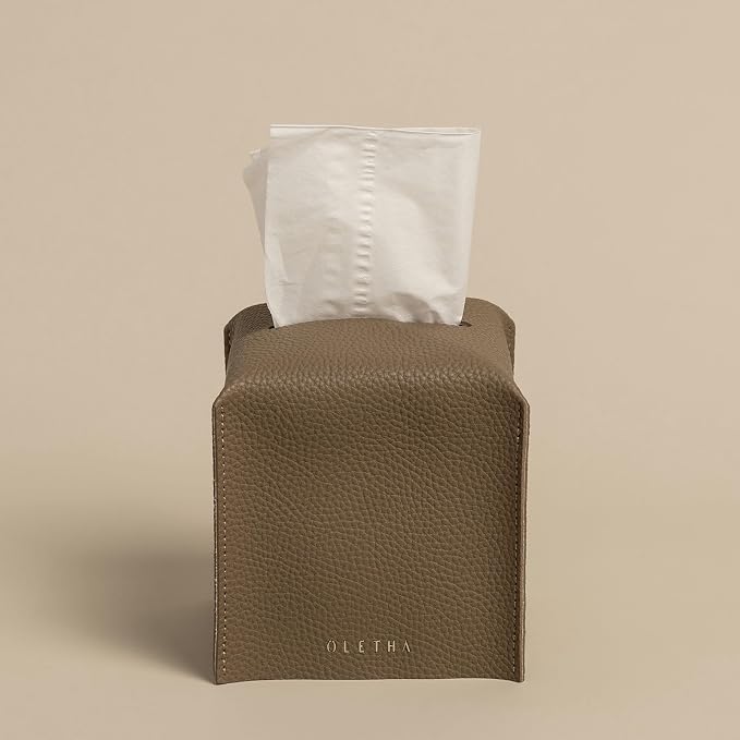 OLETHA Square Tissue Box Cover, Aesthetic Desk Decor, Tan Gray | Faux leather tissue box holder for room, home, office; fits Kleenex & Puffs cube boxes; velcro base; easy swap; wipes clean