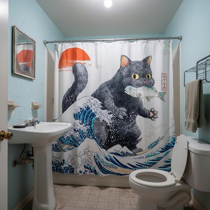 Accnicc Funny Black Cat Eating Fish Shower Curtain for Bathroom 72X72 Inch | Fun Cool Cat Shower Curtains, Japanese Ocean Wave Kids Bath Curtain Decor, Water-Resistant Washable Polyester Fabric