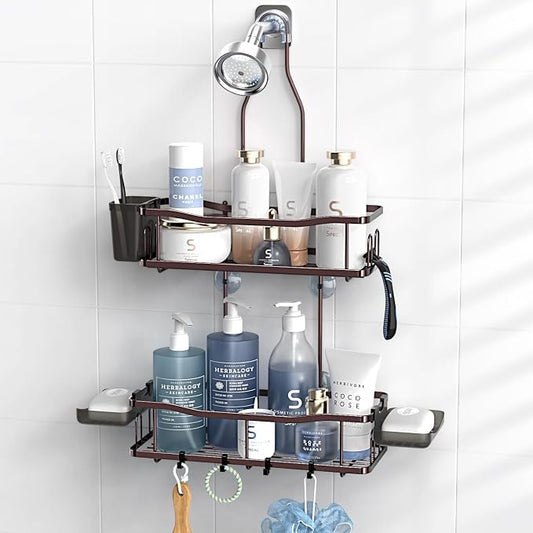 Hanging Shower Caddy Over Shower Head - No Drill Rustproof Shower Rack | Includes Soap Holder and Hooks for Shampoo, Conditioner, and Bathroom Essentials with Stable Storage in Any Shower Space