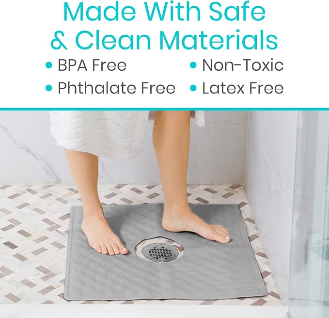 Vive Shower Mat - 22" by 22" Square Non Slip Large Bath Mat for Bathtub - Patented Design - Suction Cup Traction Skid Pad for Stalls Floors Tub - Textured Rubber with Drain Hole | Patented Design - Suction Cup Traction Skid Pad for Stalls Floors Tub - ...