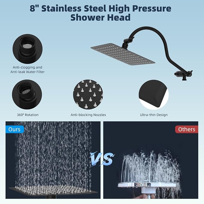 Hibbent All Metal CUPC Certified Shower Head, 8'' High Pressure Rainfall Shower Head, Handheld Showerhead Combo, 12'' Adjustable Extension Arm, 10 Sprays, 71'' Hose, Shower Holder, Matte Black
