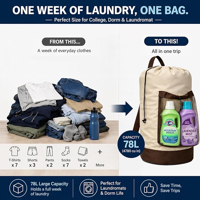 Canvans Laundry Bag Backpack, Large Travel Laundry Bag with Shoulder Straps, Drawstring Closure & Mesh Pocket, Clothes Hamper for Dorm, Travel, Laundromat (Khaki)